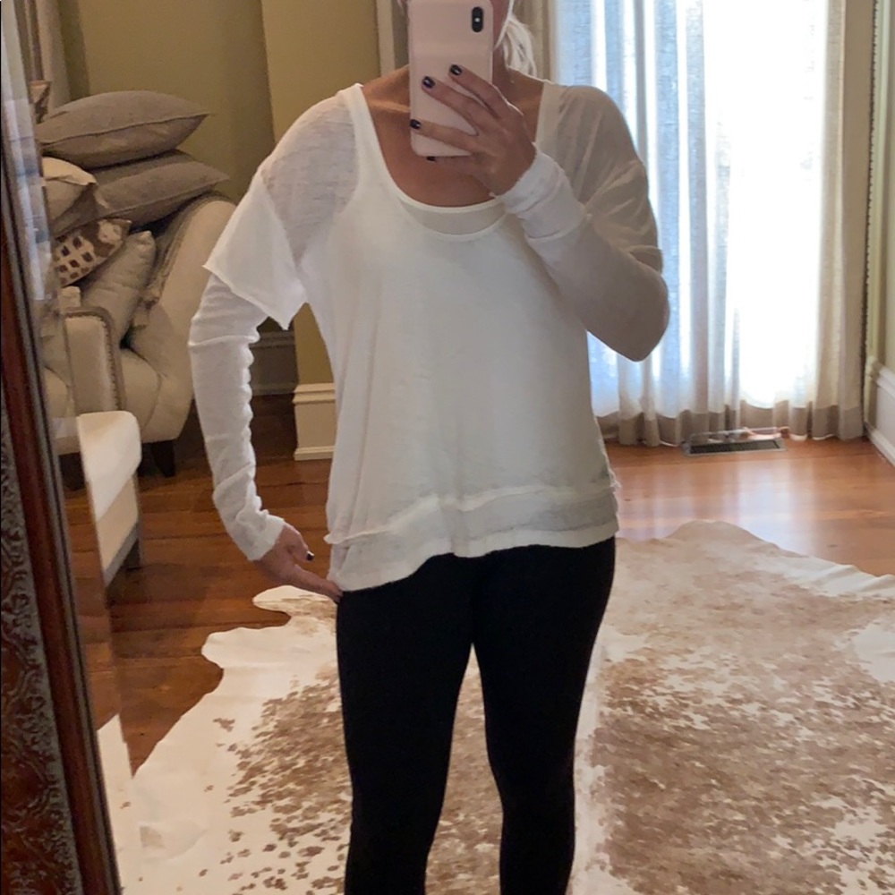 Free People White Layered Sheer-Sleeve Long Sleeve Tee